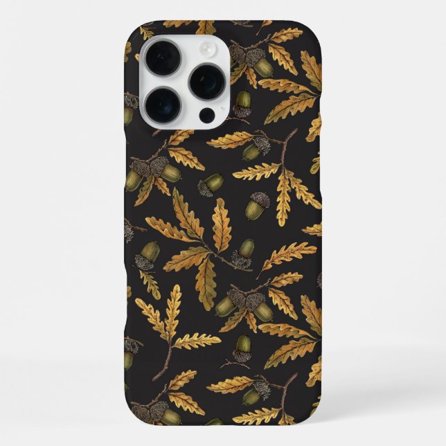 Acorns and oak leaves on black iPhone case (Back)