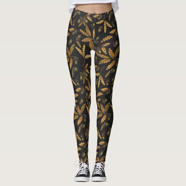 Acorns and oak leaves on black leggings (Front)