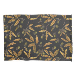 Acorns and oak leaves on black pillowcase