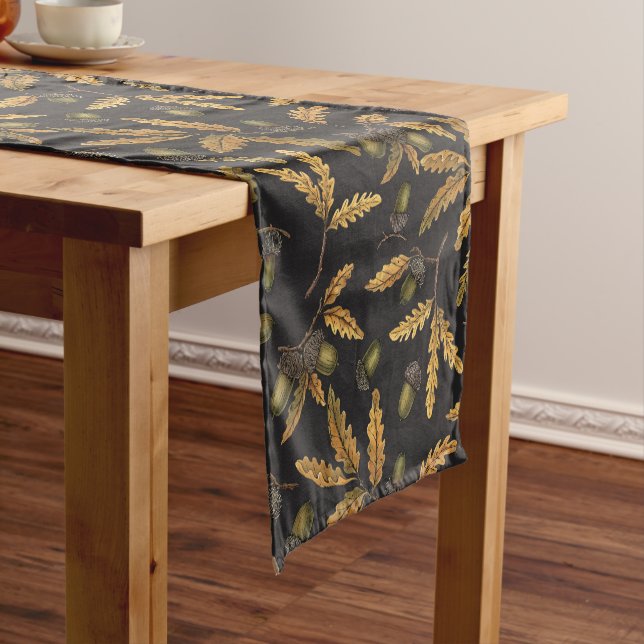 Acorns and oak leaves on black short table runner (In Situ)
