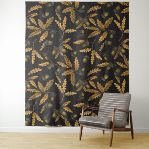 Acorns and oak leaves on black tapestry