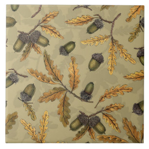 Acorns and oak leaves on ecru ceramic tile