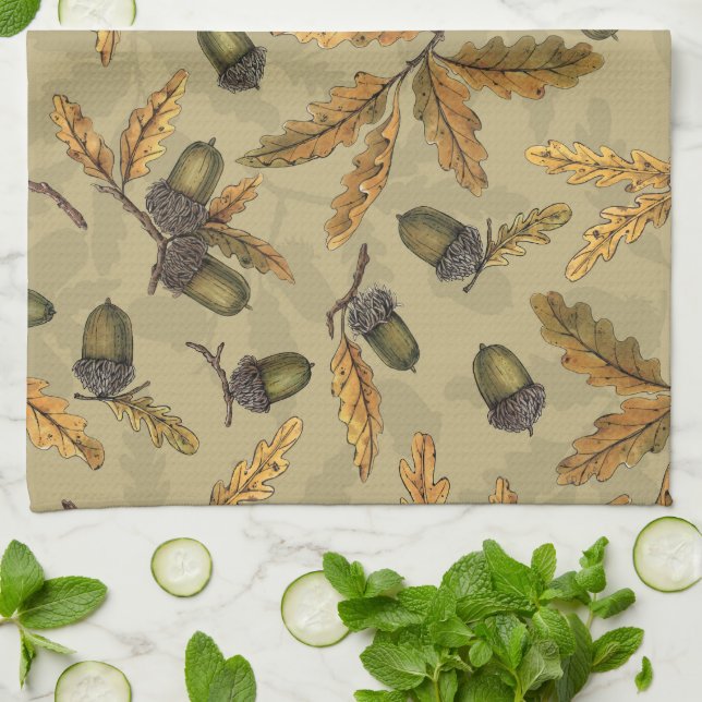 Acorns and oak leaves on ecru tea towel (Folded)