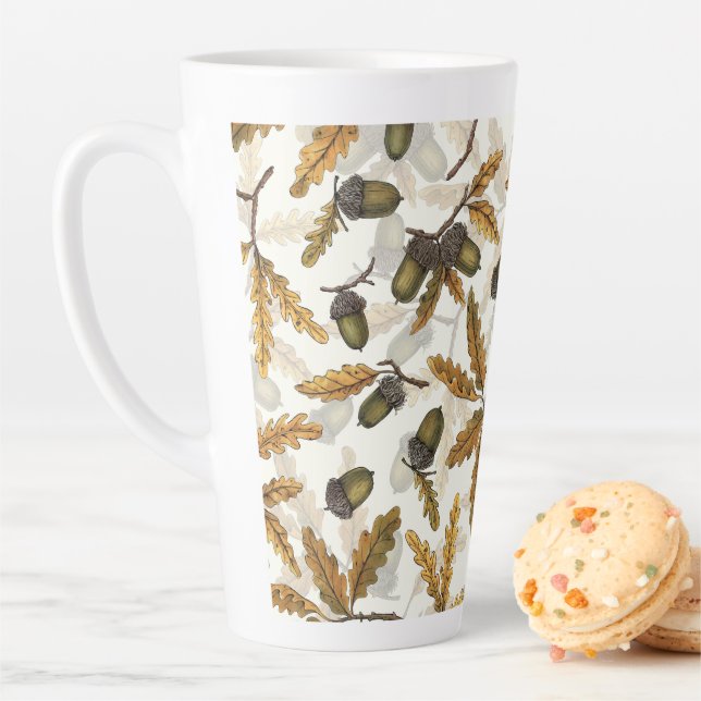 Acorns and oak leaves on off white latte mug (In Situ)