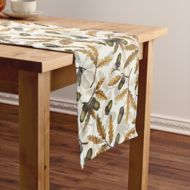 Acorns and oak leaves on off white short table runner (In Situ)