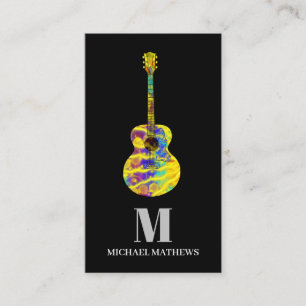 Acoustic electric guitar music teacher Monogram Business Card