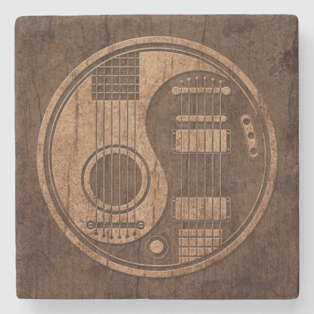 Acoustic Electric Guitars Yin Yang Wood Effect Stone Coaster (Front)
