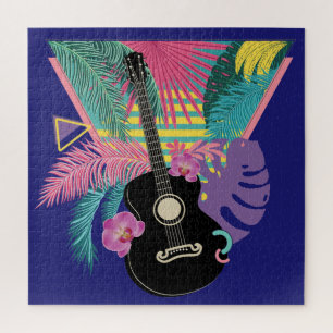 Acoustic guitar and tropical leaves and flowers jigsaw puzzle