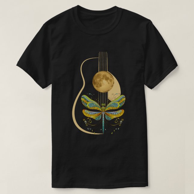 Acoustic Guitar Artistic Dragonfly Music T-Shirt (Design Front)