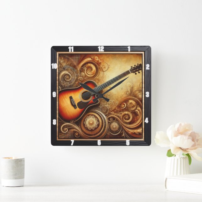 Acoustic Guitar Artistic Swirls and Golden Design Square Wall Clock (Home)