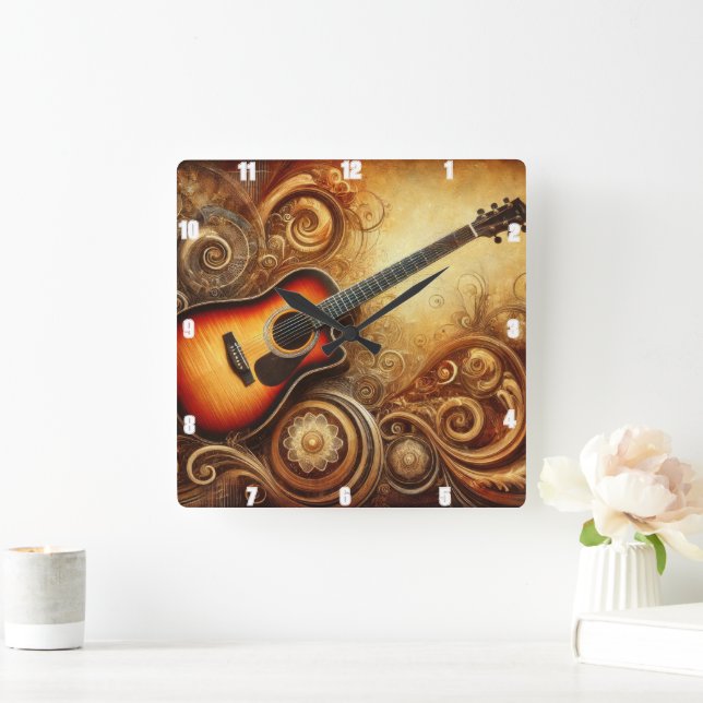 Acoustic Guitar Artistic Swirls and Golden Design Square Wall Clock (Home)