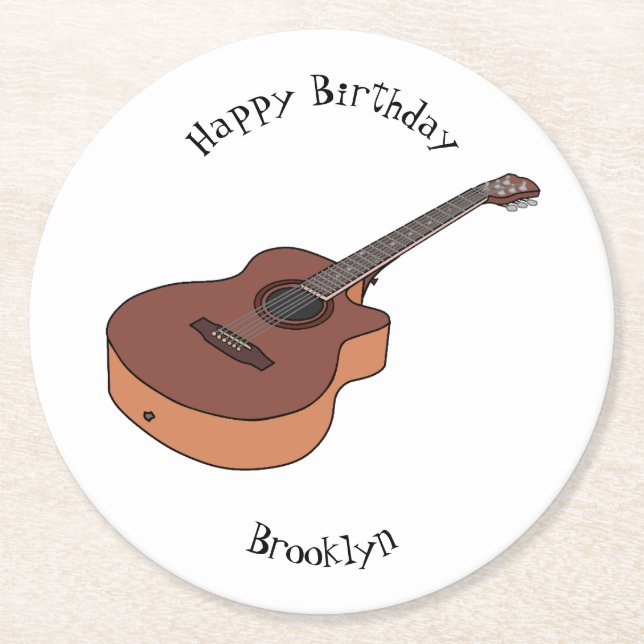 Acoustic guitar cartoon illustration round paper coaster (Front)