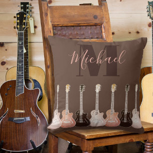 Acoustic guitar illustration brown rustic Monogram Cushion