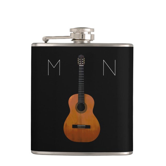 Acoustic Guitar Monogram Black Personalised Flask (Front)