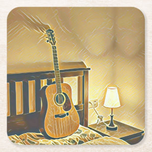 Acoustic guitar player gift square paper coaster