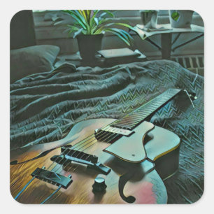 Acoustic guitar player square sticker