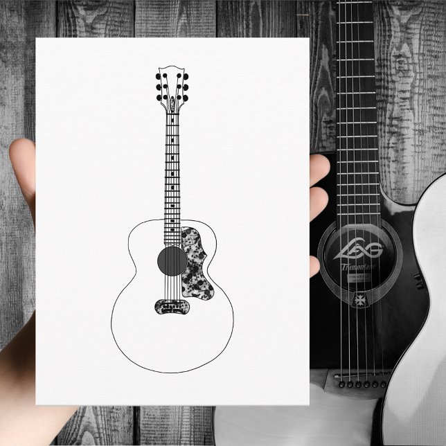 Acoustic Guitar Simple Black and White Drawing Postcard (Simple acoustic guitar black and white line art drawing greetings postcard guitarist musician )
