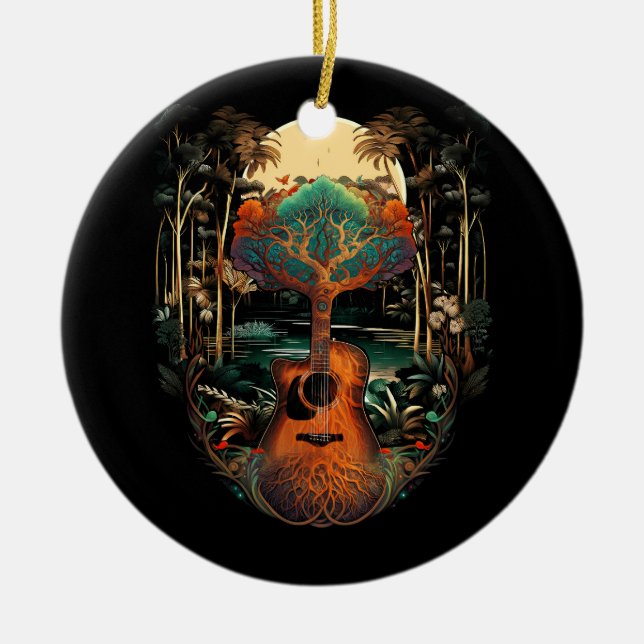 Acoustic Guitar Sunset By The Lake Root Guitarist  Ceramic Ornament (Front)