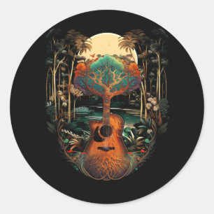 Acoustic Guitar Sunset By The Lake Root Guitarist  Classic Round Sticker