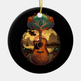Acoustic Guitar Tree By The Lake Guitarist Sunset  Ceramic Ornament