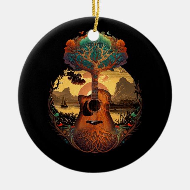 Acoustic Guitar Tree By The Lake Guitarist Sunset  Ceramic Ornament (Front)