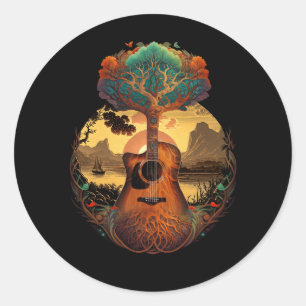 Acoustic Guitar Tree By The Lake Guitarist Sunset  Classic Round Sticker