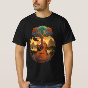 Acoustic Guitar Tree By The Lake Guitarist Sunset  T-Shirt