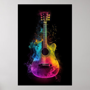 Acoustic guitar with exploding colours  poster