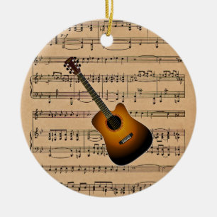 Acoustic Guitar With Sheet Music Background Ceramic Ornament