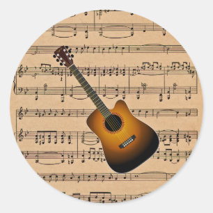 Acoustic Guitar With Sheet Music Background Classic Round Sticker