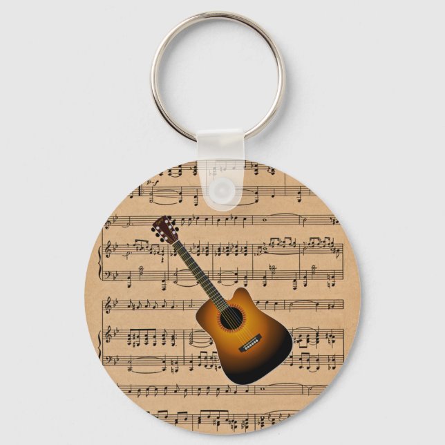 Acoustic Guitar With Sheet Music Background Key Ring (Front)