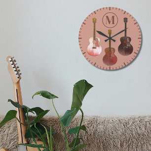 acoustic guitars personalised Rustic Brown Large Clock