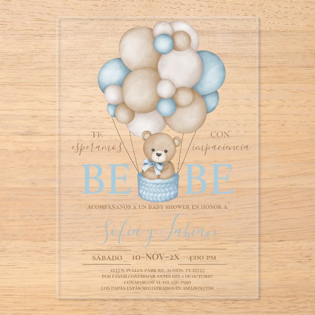 Acrilic Bear Balloons Boy Baby Shower   Acrylic Invitations (Front)