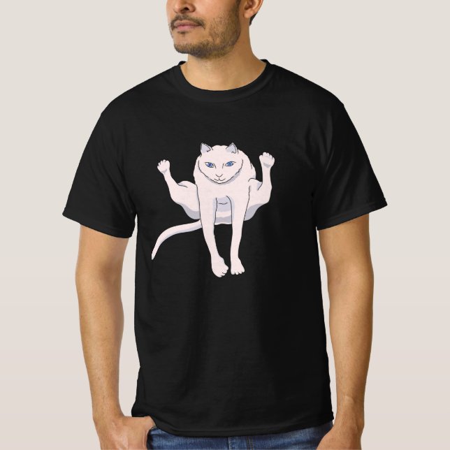 Acrobatically jumping  athlete white cat T-Shirt (Front)