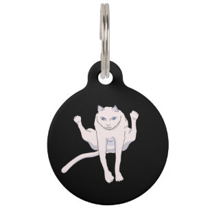 Acrobatically jumping white athlete cat pet ID tag