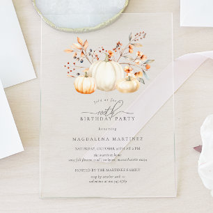 ACRYLIC 100th Birthday White Pumpkin Fall Leaves Acrylic Invitations