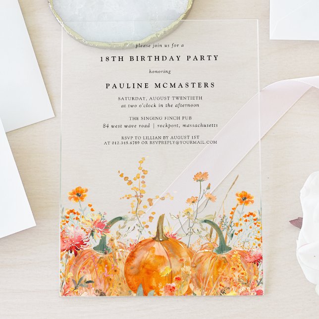 ACRYLIC 18th Birthday Fall Pumpkin Wildflower Invitations (Creator Uploaded)