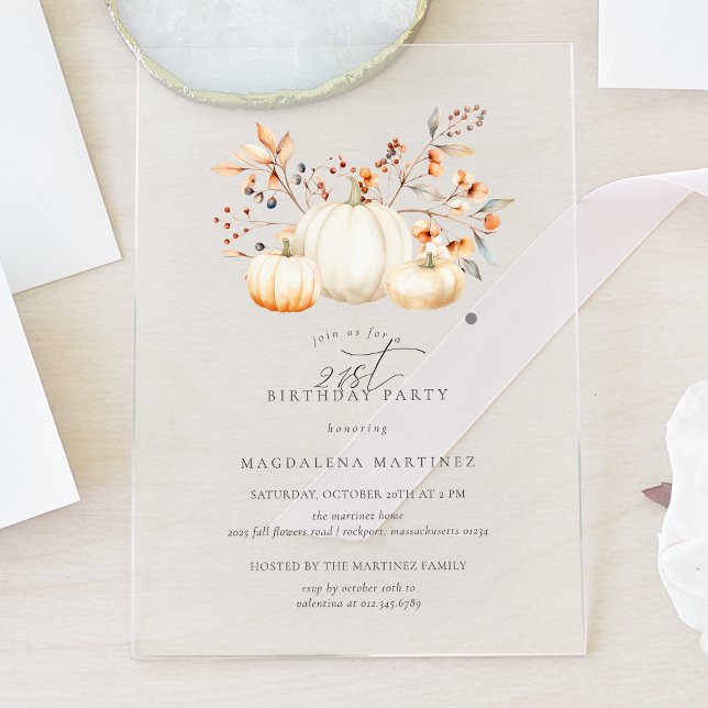 ACRYLIC 21st Birthday White Pumpkin Fall Leaves Invitations (Creator Uploaded)