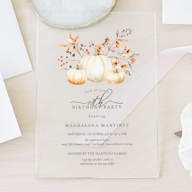 ACRYLIC 40th Birthday White Pumpkin Fall Leaves Invitations (Creator Uploaded)