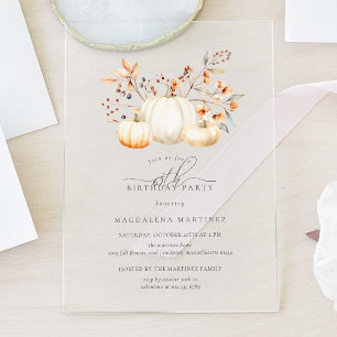 ACRYLIC 65th Birthday White Pumpkin Fall Leaves Invitations