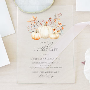 ACRYLIC 75th Birthday White Pumpkin Fall Leaves Invitations