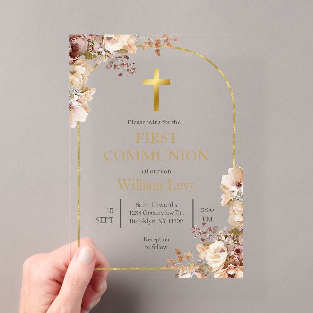 Acrylic Autumn floral boho first communion Invitations (Insitu (Handheld))