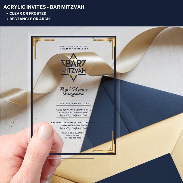 Acrylic BAR MITZVAH Navy Gold Modern Classy Invitations (Creator Uploaded)
