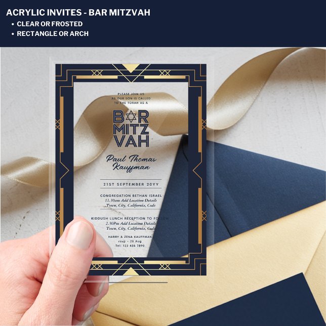 Acrylic BAR MITZVAH Navy Gold Modern Clear Elegant Acrylic Invitations (Creator Uploaded)