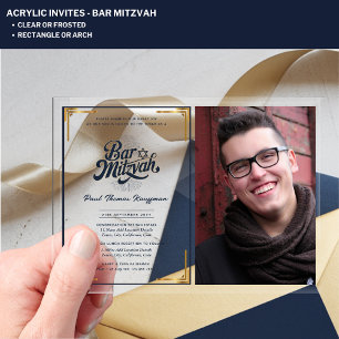 ACRYLIC BAR MITZVAH Photo Blue Gold Elegant Acrylic Invitations