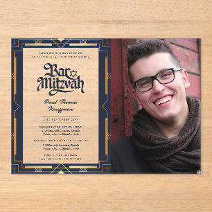 ACRYLIC BAR MITZVAH Photo Blue Gold Elegant Acrylic Invitations
