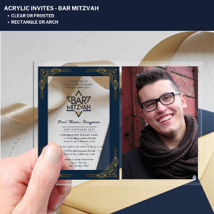 ACRYLIC BAR MITZVAH Photo Blue Gold Elegant Modern Acrylic Invitations