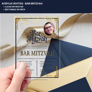 ACRYLIC BAR MITZVAH Photo Modern Navy Gold Classy Acrylic Invitations