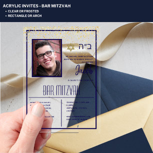 ACRYLIC BAR MITZVAH Photo Navy Gold Modern Elegant Acrylic Invitations