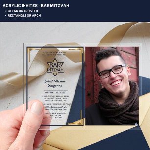 ACRYLIC BAR MITZVAH Photo Navy Gold Star David Acrylic Invitations